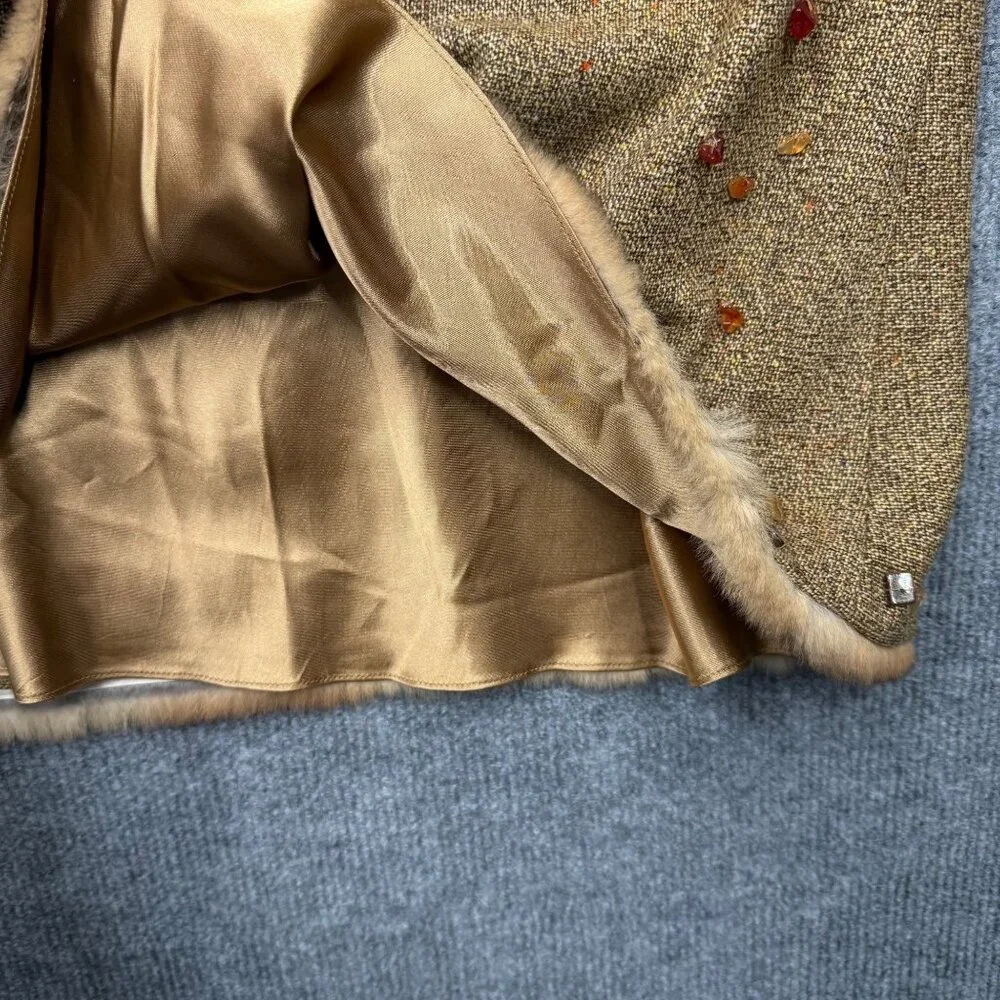 VTG 90s NEW Tahari Tweed Wool Blend Skirt Fur Hem Pepple Accents Camel Boho Chic
